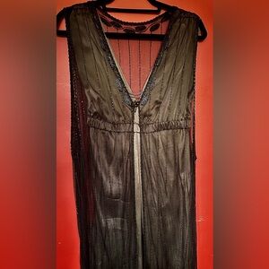 Vintage Black Sheer Beaded Sleeveless Mesh Kimono Longline Duster Cover Up